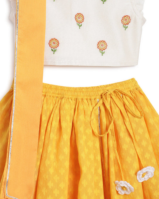 Tiber Taber Yellow & White Lehenga Choli Set-Embroidered-Cotton Silk-For Infants