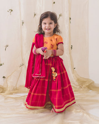 Tiber Taber Pink & Orange Lehenga Choli Set-Embroidered-Cotton-For Infants