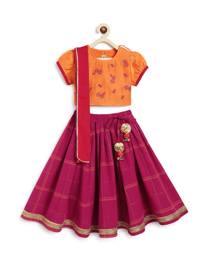 Tiber Taber Pink & Orange Lehenga Choli Set-Embroidered-Cotton-For Infants