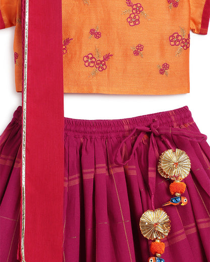 Tiber Taber Pink & Orange Lehenga Choli Set-Embroidered-Cotton-For Infants