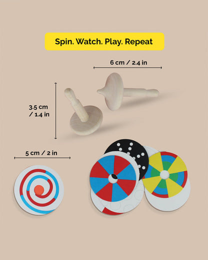 Shumee Wooden Spin Tops-Indoor Toy-12 Patterned Discs-Develops Motor Skills-36M+