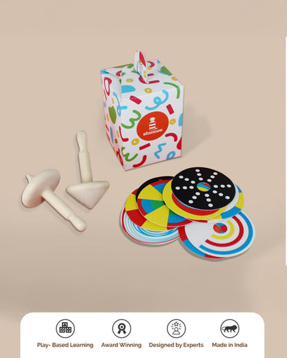 Shumee Wooden Spin Tops-Indoor Toy-12 Patterned Discs-Develops Motor Skills-36M+