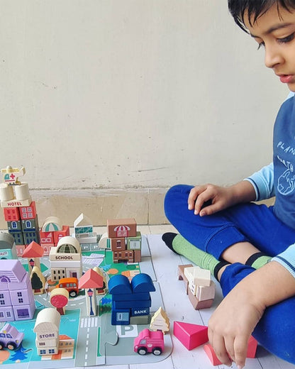 Nesta Toys Wooden City Building Blocks-Shape Sorter & Stacker-Encourages Imaginative Play-36M+