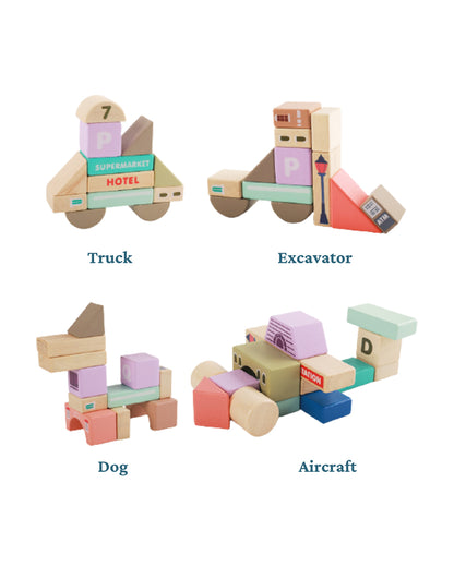 Nesta Toys Wooden City Building Blocks-Shape Sorter & Stacker-Encourages Imaginative Play-36M+