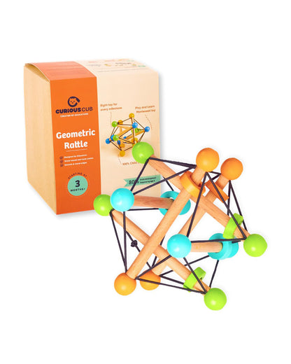 Curious Cub Geometric Wooden Rattle Toy-Builds Hand Eye Coordination-3M+