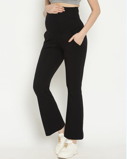 Wobbly Walk Black Maternity Trouser-Solid Color-French Terry-Boot Cut-Bump Friendly