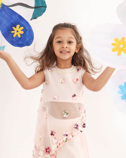 La dee da Pastel Pink Cape & Pant Set-Embroidered-Silk & Organza-For Infants