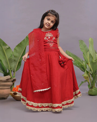 La dee da Red Blouse & Lehenga Set-Embroidered-Bamberg Silk-For Infants