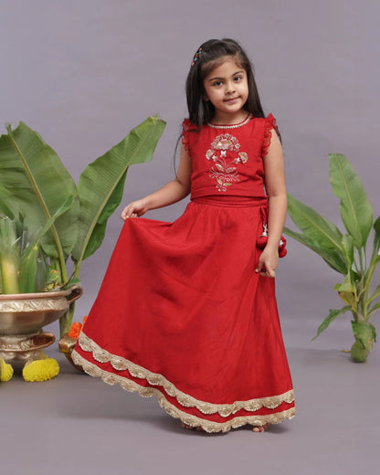 La dee da Red Blouse & Lehenga Set-Embroidered-Bamberg Silk-For Infants