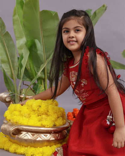 La dee da Red Blouse & Lehenga Set-Embroidered-Bamberg Silk-For Infants