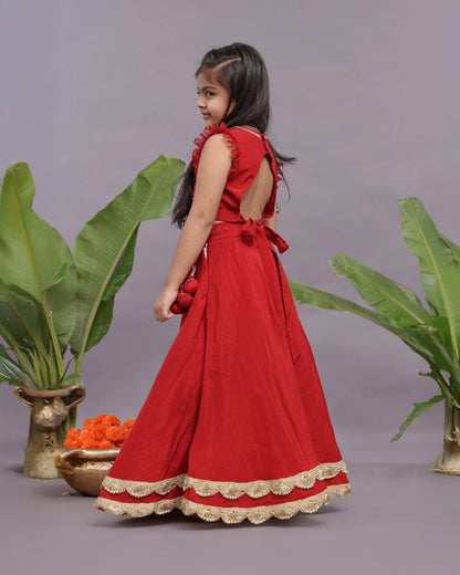 La dee da Red Blouse & Lehenga Set-Embroidered-Bamberg Silk-For Infants