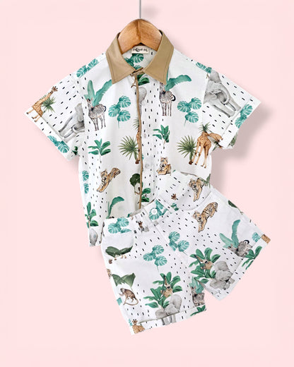 La dee da White T-shirt & Shorts Set-Safari Adventure-100% Soft Giza Cotton-For Infants