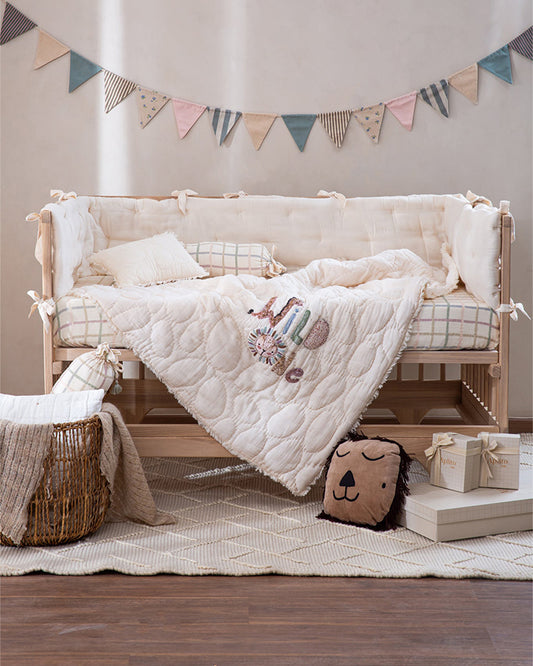 Aplito Baby Bedding Set-Wild One-Hand Embroidered-100% Organic Muslin Cotton-Off White-For Infants