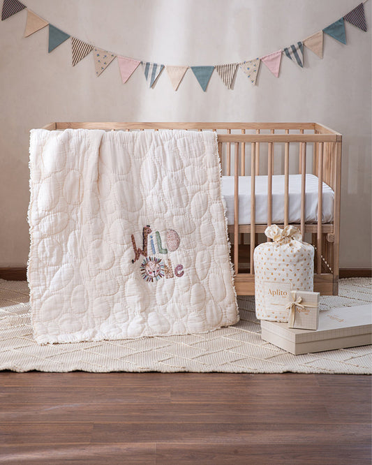 Aplito Baby Bedding Set-Wild One-Hand Embroidered-100% Organic Muslin Cotton-Off White-For Infants