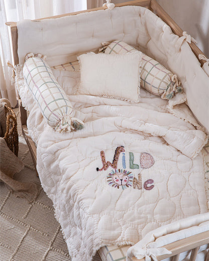 Aplito Baby Bedding Set-Wild One-Hand Embroidered-100% Organic Muslin Cotton-Off White-For Infants