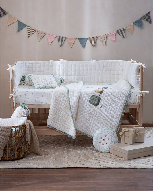 Aplito Baby Bedding Set-All Aboard Adventures-Hand Embroidered-100% Organic Muslin Cotton-White-For Infants