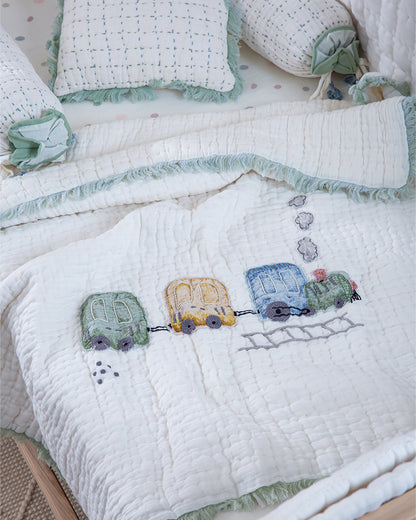 Aplito Baby Bedding Set-All Aboard Adventures-Hand Embroidered-100% Organic Muslin Cotton-White-For Infants