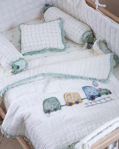 Aplito Baby Bedding Set-All Aboard Adventures-Hand Embroidered-100% Organic Muslin Cotton-White-For Infants