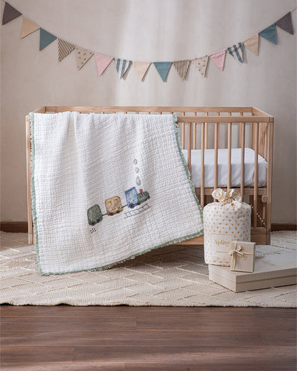 Aplito Baby Bedding Set-All Aboard Adventures-Hand Embroidered-100% Organic Muslin Cotton-White-For Infants