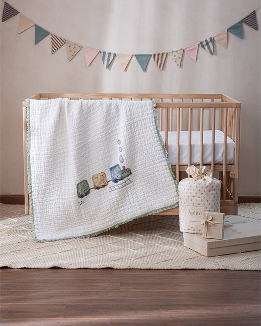 Aplito Baby Bedding Set-All Aboard Adventures-Hand Embroidered-100% Organic Muslin Cotton-White-For Infants