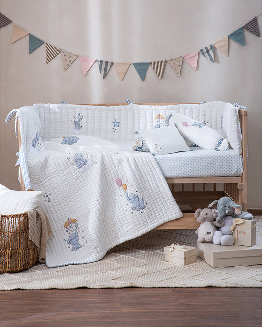 Aplito Baby Bedding Set-Little Tuskers-Patchwork-100% Organic Cambric Cotton-White & Light Blue-For Infants