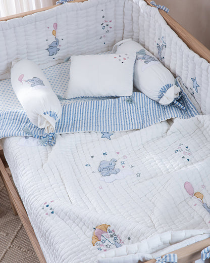 Aplito Baby Bedding Set-Little Tuskers-Patchwork-100% Organic Cambric Cotton-White & Light Blue-For Infants
