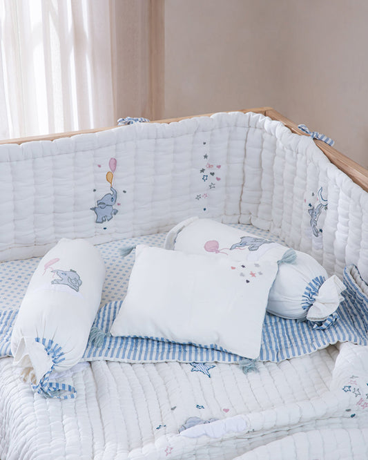 Aplito Baby Bedding Set-Little Tuskers-Patchwork-100% Organic Cambric Cotton-White & Light Blue-For Infants