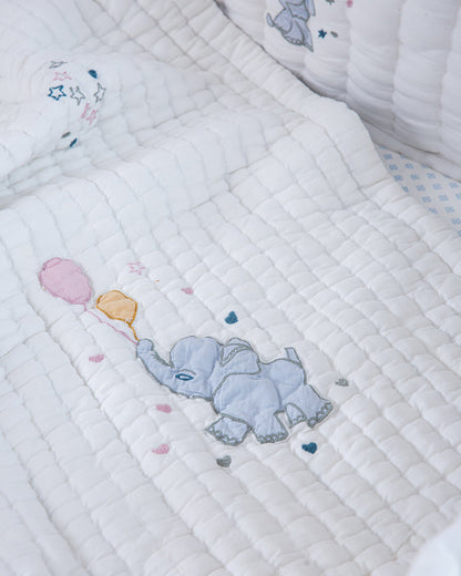 Aplito Baby Bedding Set-Little Tuskers-Patchwork-100% Organic Cambric Cotton-White & Light Blue-For Infants