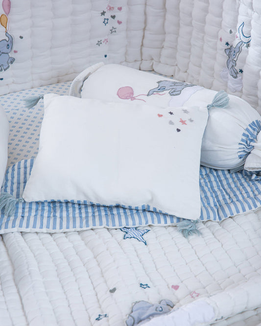 Aplito Baby Bedding Set-Little Tuskers-Patchwork-100% Organic Cambric Cotton-White & Light Blue-For Infants