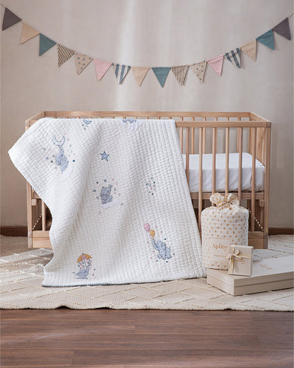 Aplito Baby Bedding Set-Little Tuskers-Patchwork-100% Organic Cambric Cotton-White & Light Blue-For Infants