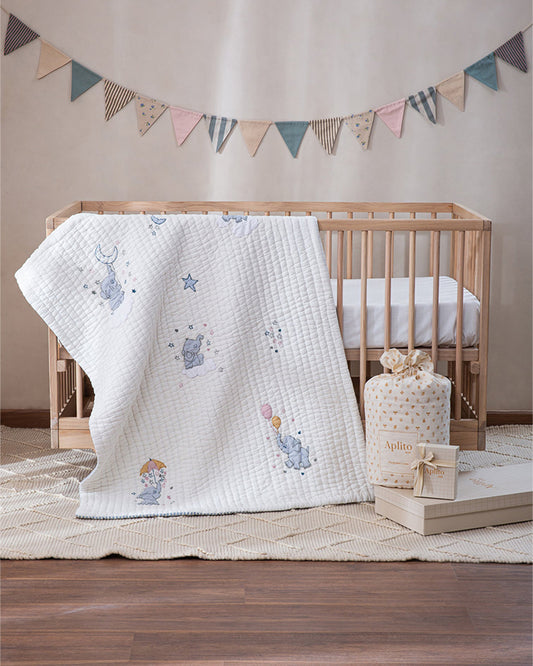 Aplito Baby Bedding Set-Little Tuskers-Patchwork-100% Organic Cambric Cotton-White & Light Blue-For Infants