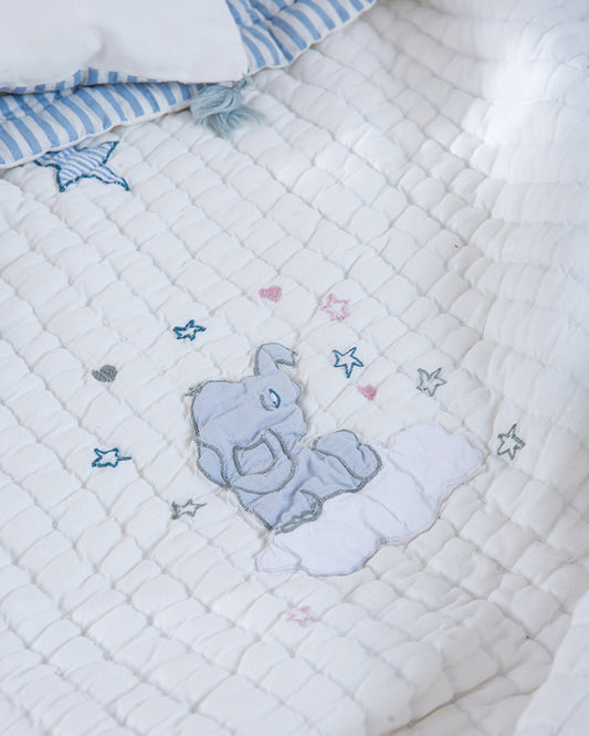 Aplito Baby Bedding Set-Little Tuskers-Patchwork-100% Organic Cambric Cotton-White & Light Blue-For Infants