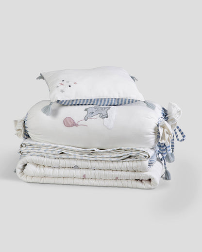 Aplito Baby Bedding Set-Little Tuskers-Patchwork-100% Organic Cambric Cotton-White & Light Blue-For Infants