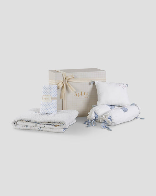 Aplito Baby Bedding Set-Little Tuskers-Patchwork-100% Organic Cambric Cotton-White & Light Blue-For Infants