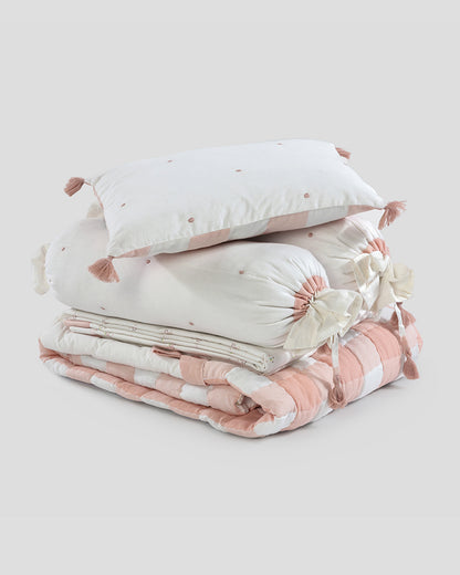 Aplito Baby Bedding Set-Bows and Peaches-Hand Embroidered-100% Organic Cambric Cotton-White & Peach-For Infants