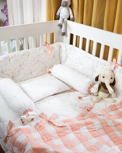 Aplito Baby Bedding Set-Bows and Peaches-Hand Embroidered-100% Organic Cambric Cotton-White & Peach-For Infants