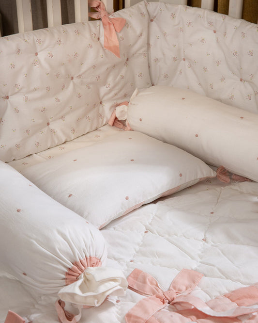 Aplito Baby Bedding Set-Bows and Peaches-Hand Embroidered-100% Organic Cambric Cotton-White & Peach-For Infants