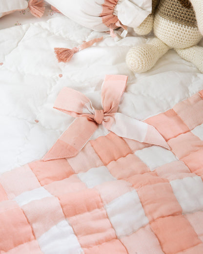 Aplito Baby Bedding Set-Bows and Peaches-Hand Embroidered-100% Organic Cambric Cotton-White & Peach-For Infants