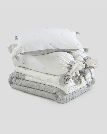 Aplito Baby Bedding Set-Bows and Greens-Hand Embroidered-100% Organic Cambric Cotton-White & Mint-For Infants