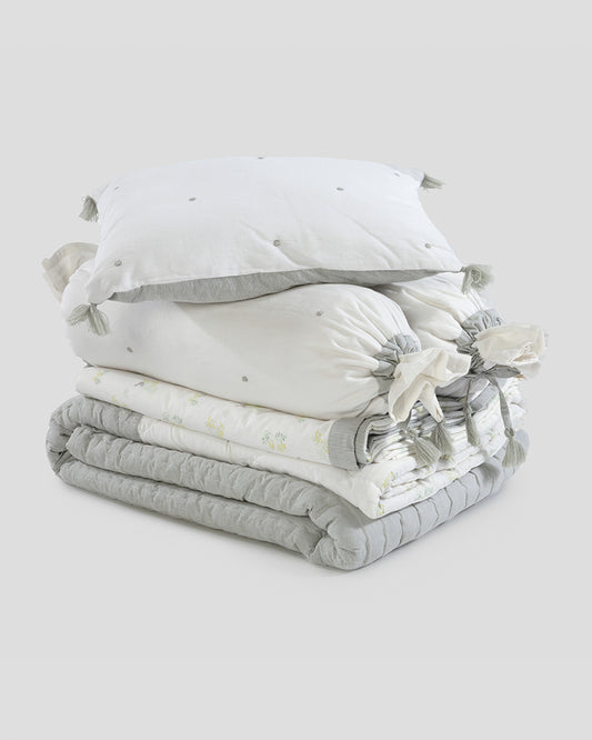 Aplito Baby Bedding Set-Bows and Greens-Hand Embroidered-100% Organic Cambric Cotton-White & Mint-For Infants