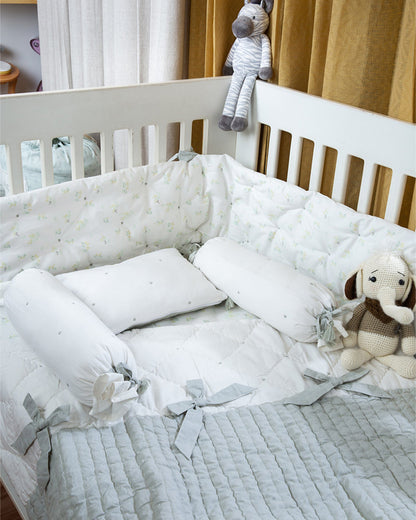 Aplito Baby Bedding Set-Bows and Greens-Hand Embroidered-100% Organic Cambric Cotton-White & Mint-For Infants