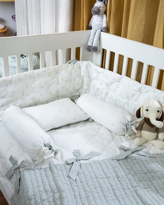 Aplito Baby Bedding Set-Bows and Greens-Hand Embroidered-100% Organic Cambric Cotton-White & Mint-For Infants