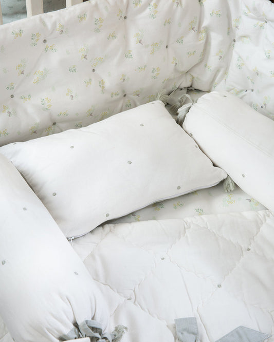 Aplito Baby Bedding Set-Bows and Greens-Hand Embroidered-100% Organic Cambric Cotton-White & Mint-For Infants