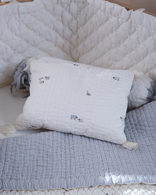 Aplito Baby Bedding Set-Baa Baa Bliss-100% Organic Cambric Cotton-White & Light Blue -For Infants