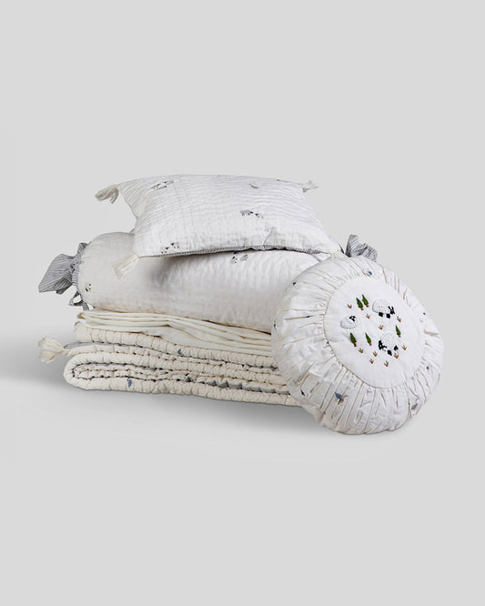 Aplito Baby Bedding Set-Baa Baa Bliss-100% Organic Cambric Cotton-White & Light Blue -For Infants