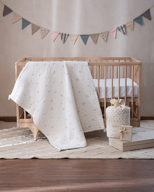 Aplito Baby Bedding Set-Baa Baa Bliss-100% Organic Cambric Cotton-White & Light Blue -For Infants