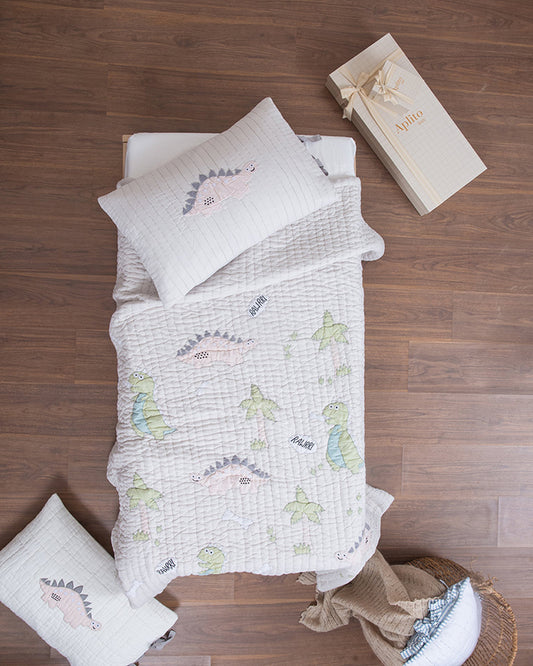 Aplito Baby Bedding Set-Dino Tales-Patchwork-100% Organic Cotton-Grey -For Toddlers