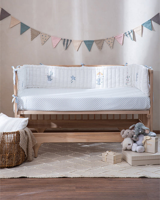 Aplito Baby Cot Bumper-Little Tuskers-100% Organic Poplin Cotton-Light Blue-For Infants