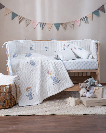 Aplito Baby Cot Bumper-Little Tuskers-100% Organic Poplin Cotton-Light Blue-For Infants