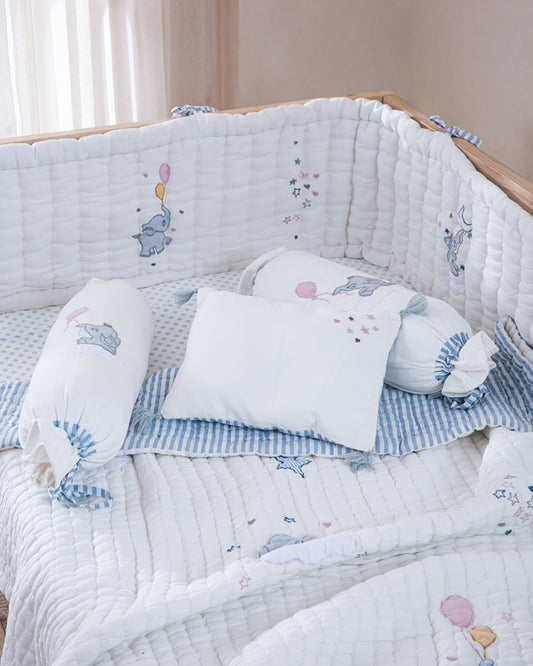 Aplito Baby Cot Bumper-Little Tuskers-100% Organic Poplin Cotton-Light Blue-For Infants